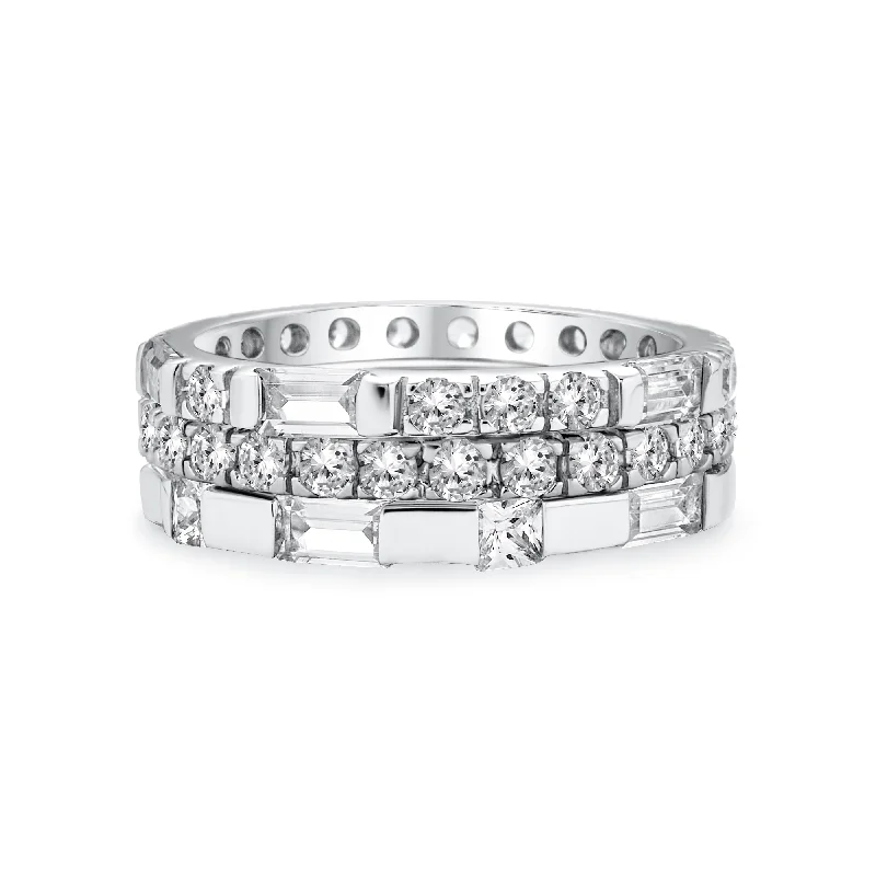 women’s wedding diamond ring-Geometric CZ Cocktail Statement Ring: Stackable Eternity Band Set in Sterling Silver