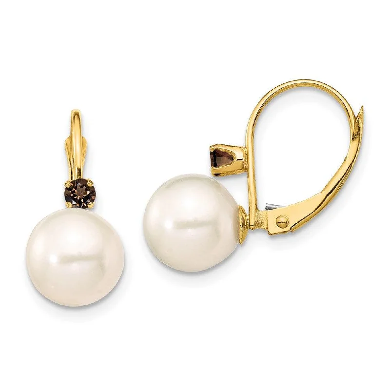 women’s custom-designed earrings-14K 8-8.5mm White Round FWC Pearl Smokey Quartz Leverback Earrings