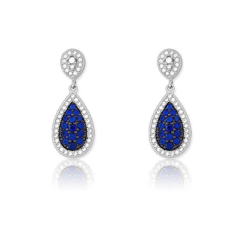 women’s rhinestone earrings-Sterling Silver Tear Shaped Sapphire Pave Earrings