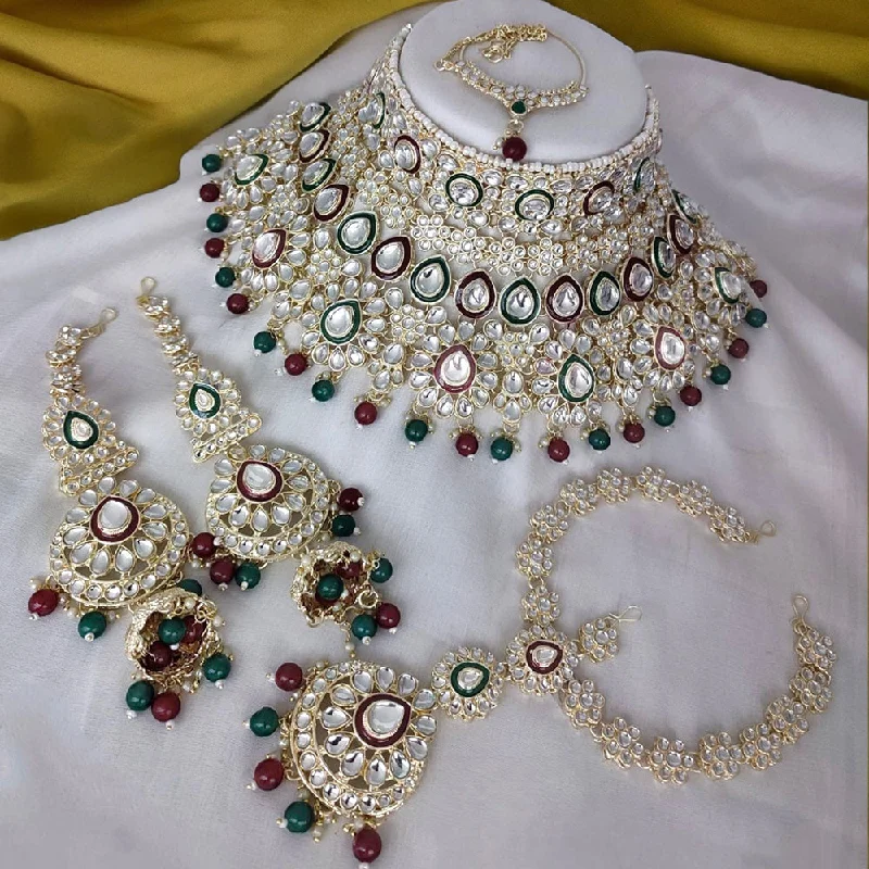 women’s round necklace-Gehana Mahal Gold Plated Kundan Stone And Meenakari Semi Bridal Necklace Set