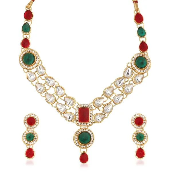 women’s long necklace-Vivant Charms Kundan Stone Gold Plated Necklace Set