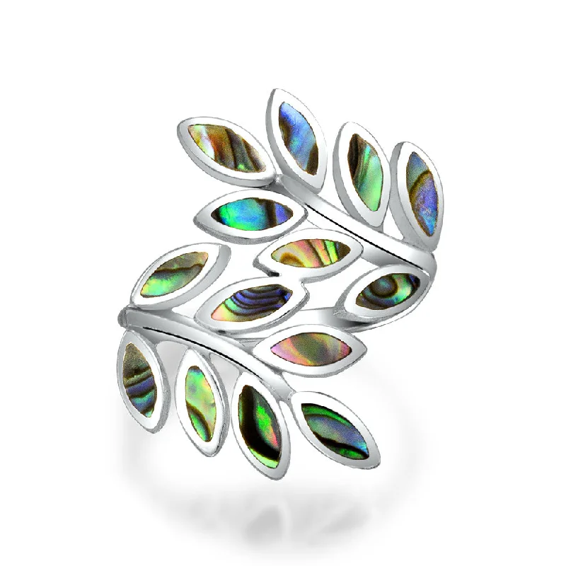 women’s black diamond ring-Nature Ivy Rainbow Shell Wrap Silver Ring with Laurel Vine Leaf Bypass Abalone Design