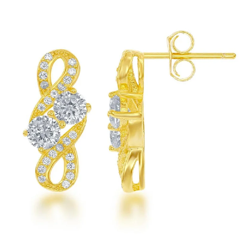 women’s art deco earrings-Sterling Silver Gold Plated Two-Stone CZ Earrings