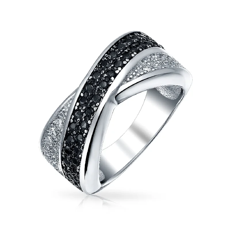 women’s zirconia ring-Two Tone Black & White CZ Criss-Cross X Band Cocktail Statement Ring in Sterling Silver