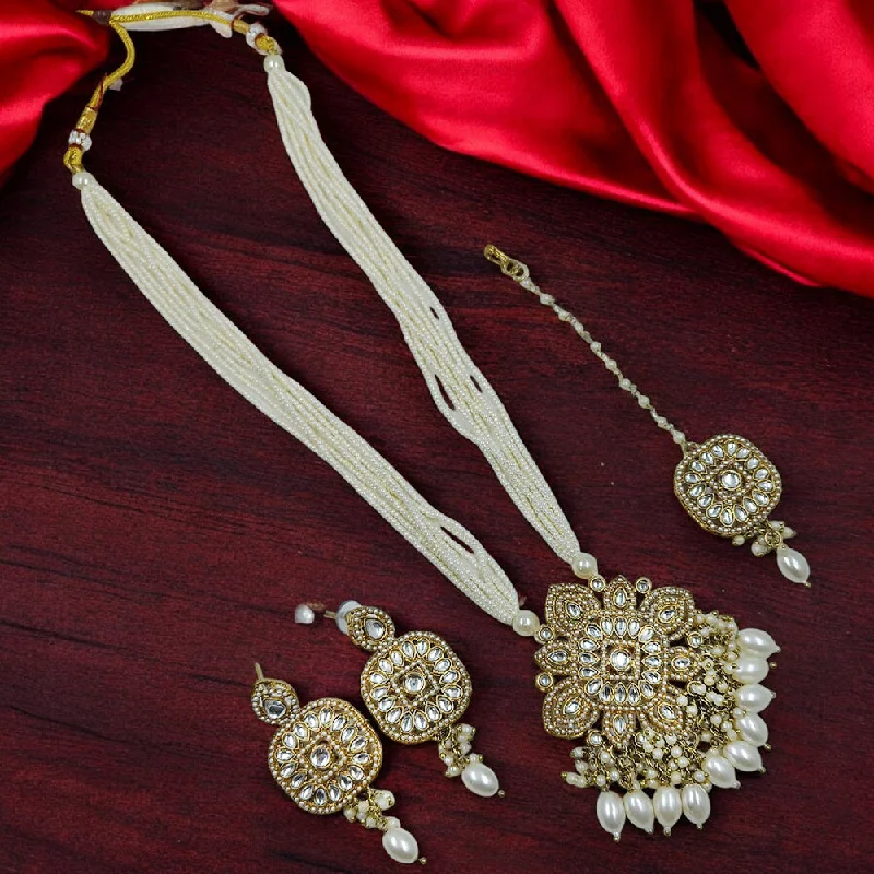 women’s chunky necklace-Gehana Mahal Gold Plated Kundan Stone And Pearls Long Necklace Set