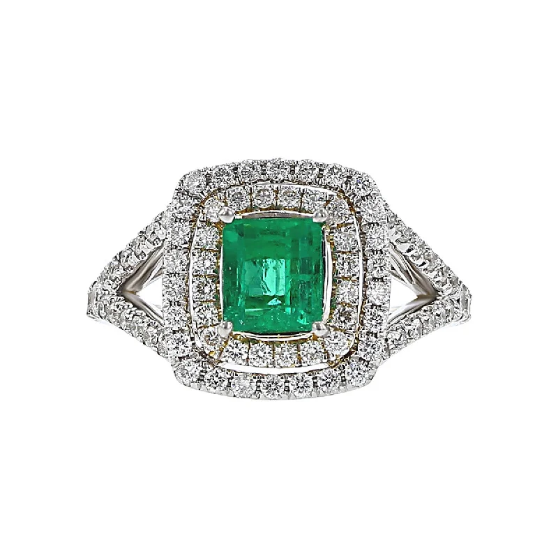 Emerald-cut Emerald and Double Halo Diamond Ring