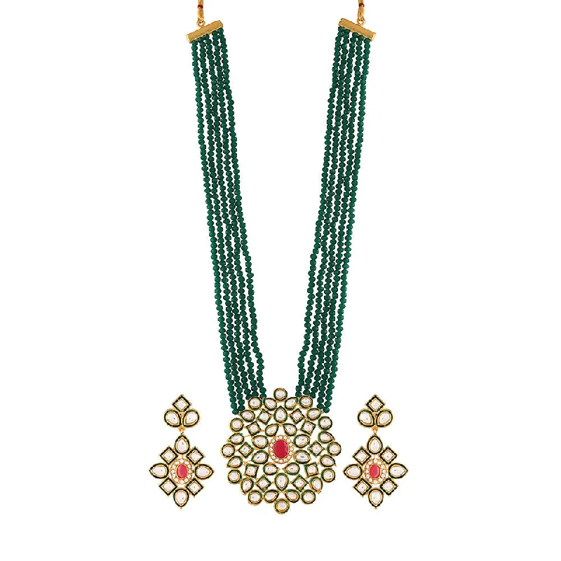 women’s custom gold necklace-Etnico 5 Layered Emerald Onyx Crystal Beads Alloy Necklace Jewellery Set Glided With Uncut Polki Kundan for Women & Girls (ML269G)(Green)