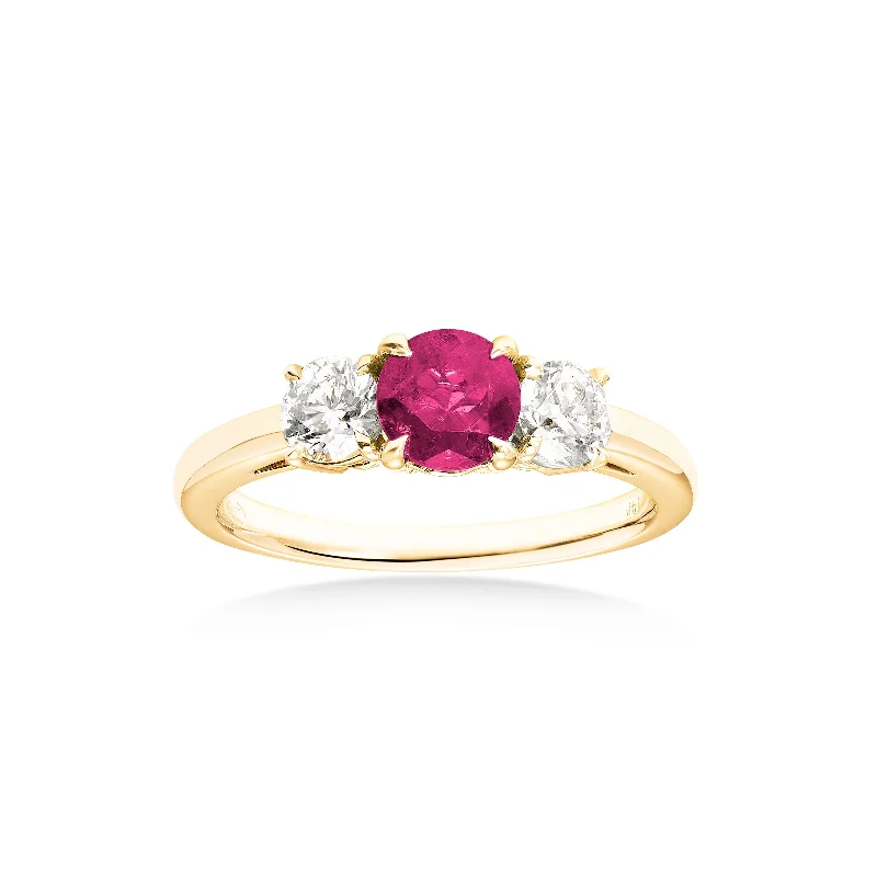 Three Stone Ruby and Diamond Ring, 14K Yellow Gold