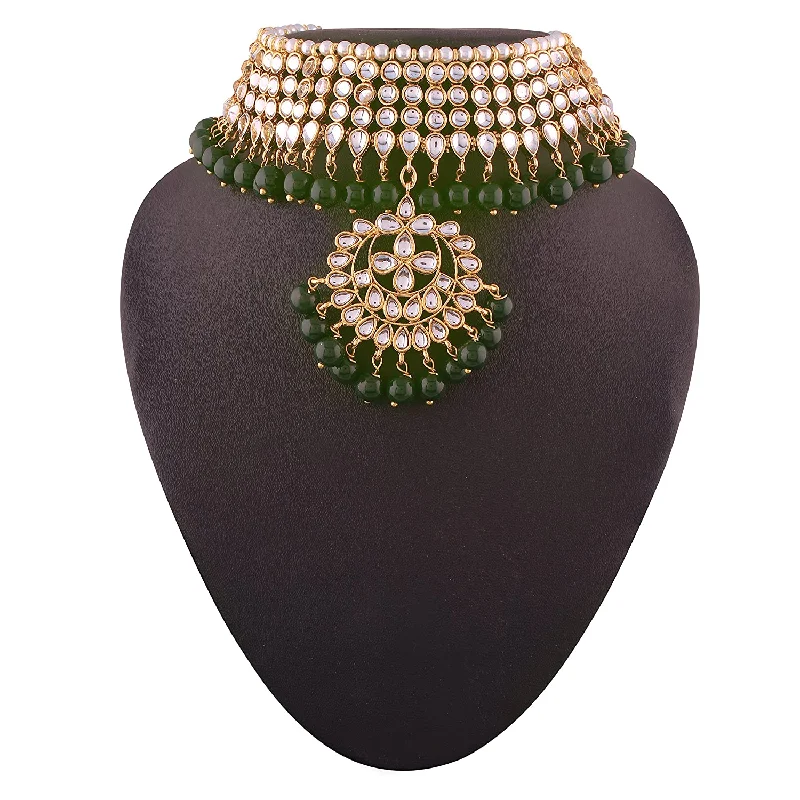 women’s tennis necklace-Etnico 18K Gold Plated Traditional Kundan & Pearl Studded Choker Necklace Jewellery Set with Earrings & Maang Tikka For Women (K7058G)