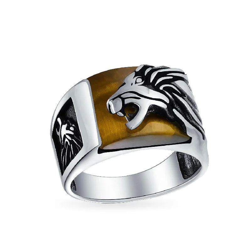 women’s band ring-Mens Silver Ring with Black Onyx and Tiger Eye Lion Head Handmade in Turkey