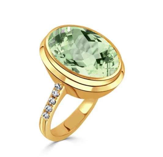 Mint Mojito 9.81Ct Green Amethyst and 0.22Ct Diamond Ring in 18k Yellow Gold, Size 6.5