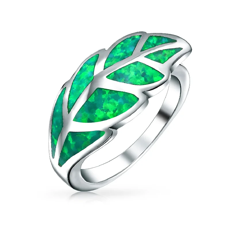 women’s halo gemstone ring-Boho Gemstone Green Opal Inlay Ivy Leaf Silver Ring - Western Jewelry Sterling