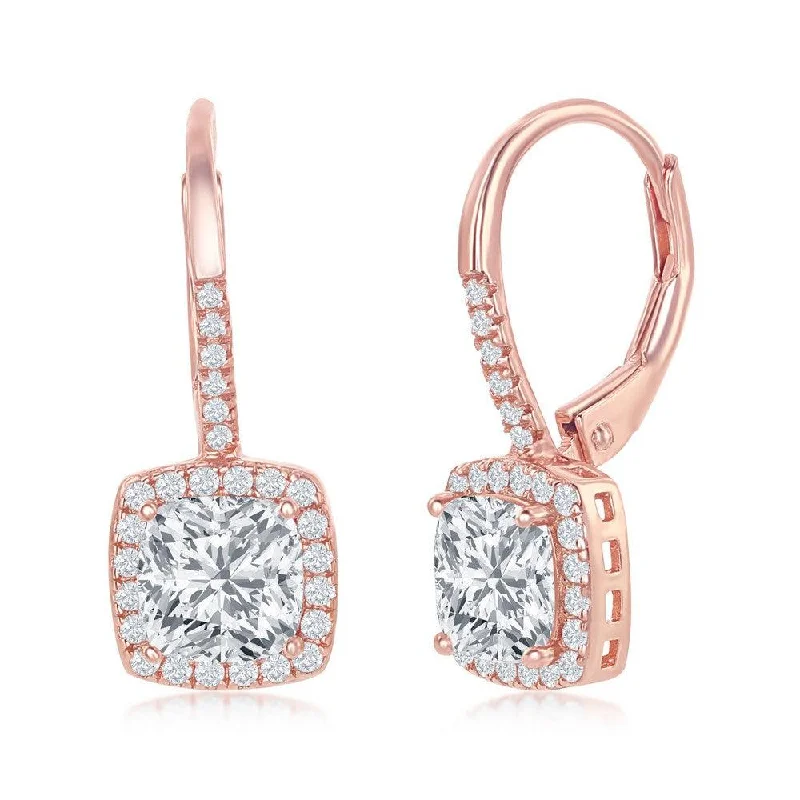 women’s luxury statement earrings-Sterling Silver Rose GP Princess Cut CZ Dangling Earrings