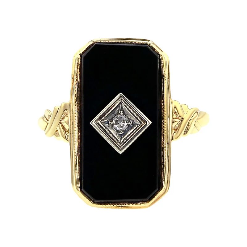 Art Deco 10K Gold Black Onyx and Diamond Ring