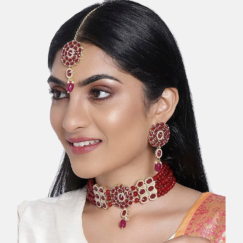 women’s trendy necklace-Etnico 18k Gold Plated Traditional Pearl Choker Necklace Jewellery Set with Earrings & Maang Tikka Set for Women (ML280M)