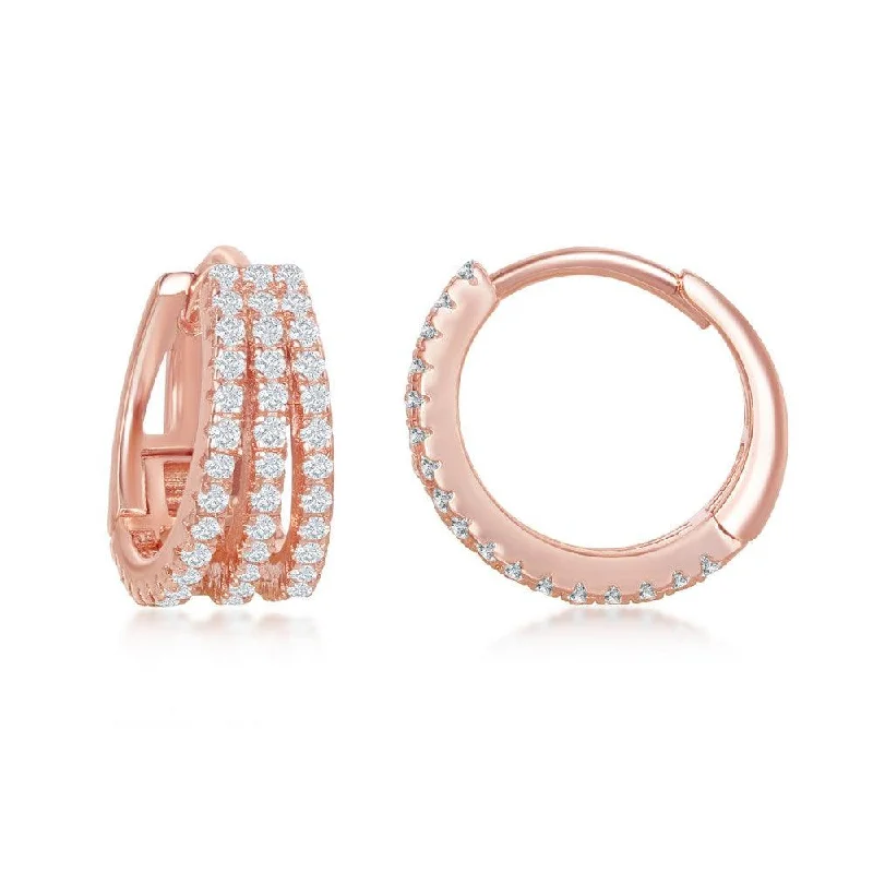 women’s geometric earrings-Sterling Silver Rose Gold Plated Triple Row CZ Hoop Earrings