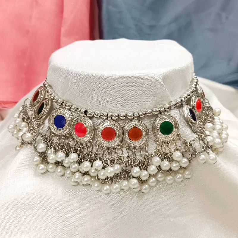 women’s simple necklace-Darshana Jewels Oxidised Multi Color Choker Necklace