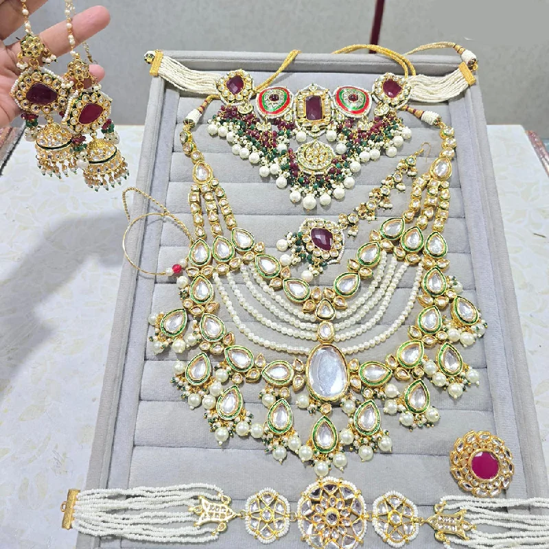 women’s gemstone necklace-JCM Gold Plated Kundan Stone Beads And Pearls Necklace Combo Set