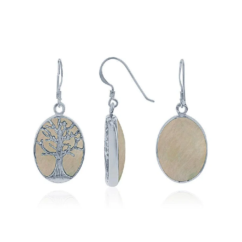 women’s gold teardrop earrings-Sterling Silver Large Oval MOP with Tree Earrings