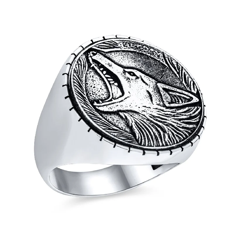 women’s birthstone ring-Hunter Norse Viking Mens Silver Ring with Fierce Wolf Head in Oxidized Sterling Silver