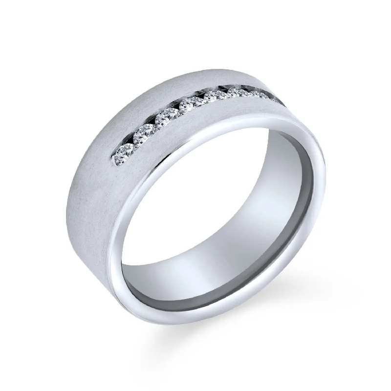 women’s multi-stone ring-Channel Set CZ Silver Tone Tungsten Wedding Band Ring for Men