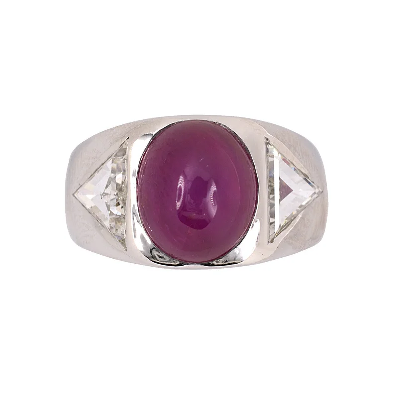 Art Deco Platinum Cabochon Star Ruby and Diamond Ring