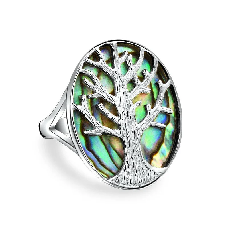 women’s multi-stone ring-Large Iridescent Abalone Mother of Pearl Tree of Life Silver Ring Sterling