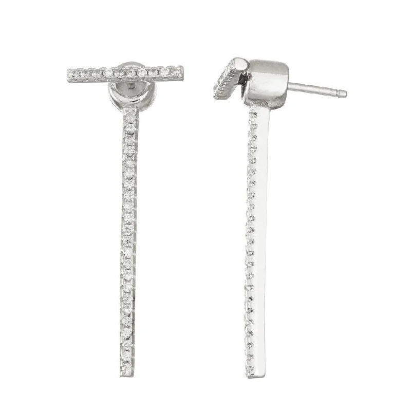 women’s huggie earrings-Sterling Silver CZ Front and Back Long Bar Earrings