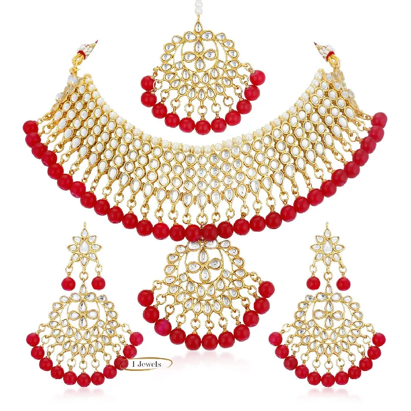 women’s layered necklace-Etnico 18K Gold Plated Traditional Kundan & Pearl Studded Choker Necklace Jewellery Set with Earrings & Maang Tikka For Women (K7058R)