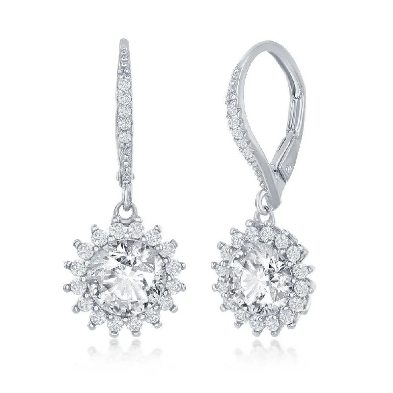 women’s sapphire drop earrings-Sterling Silver Round Halo Flower Dangling Earrings