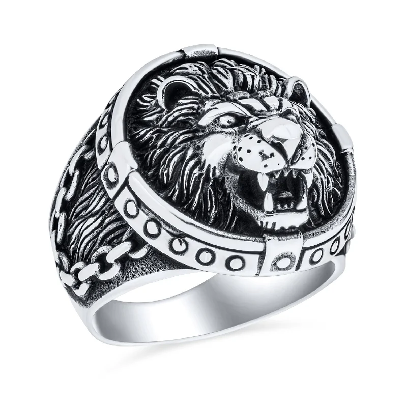 women’s adjustable gemstone ring-Mens Silver Ring - Vintage Style King of Jungle Lion Signet Oxidized Sterling Silver