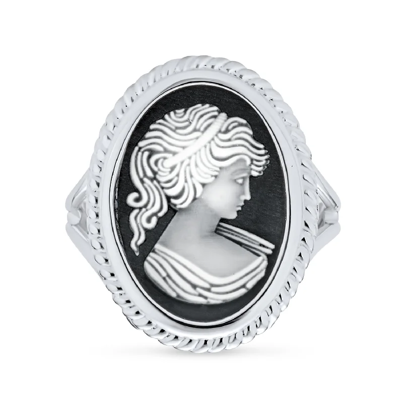 women’s fashion gold ring-Vintage Women Lady Portrait Oval Black Cameo Ring .925Sterling Silver