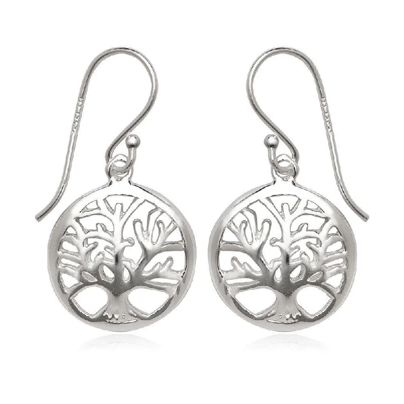 women’s fashion earrings-Sterling Silver Open Circle with Center Tree Earrings