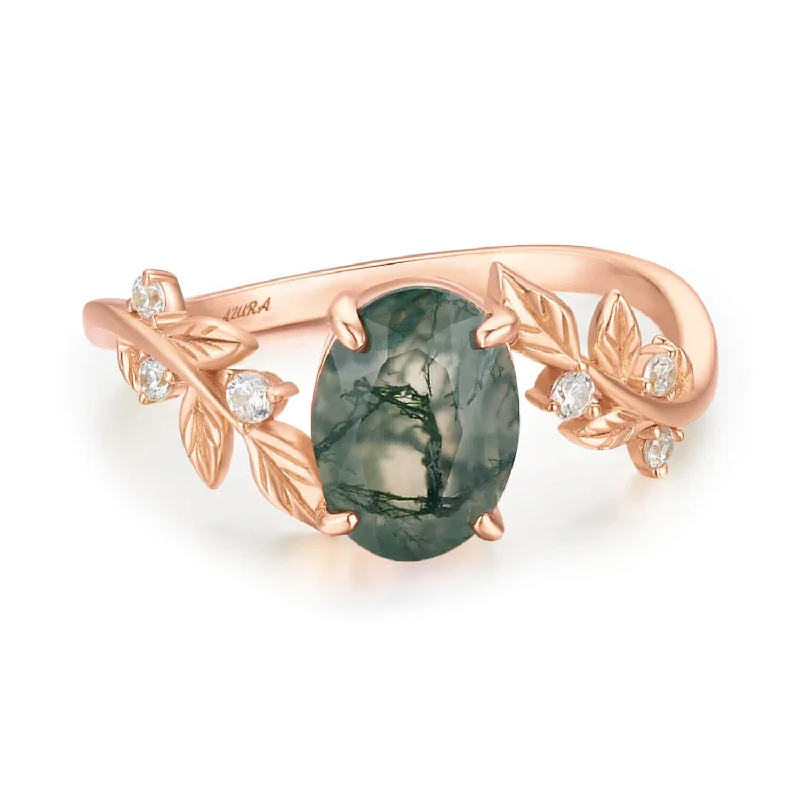 women’s trendy ring-Between the Leaf Oval Moss Agate Ring (10K Solid Rose Gold)©