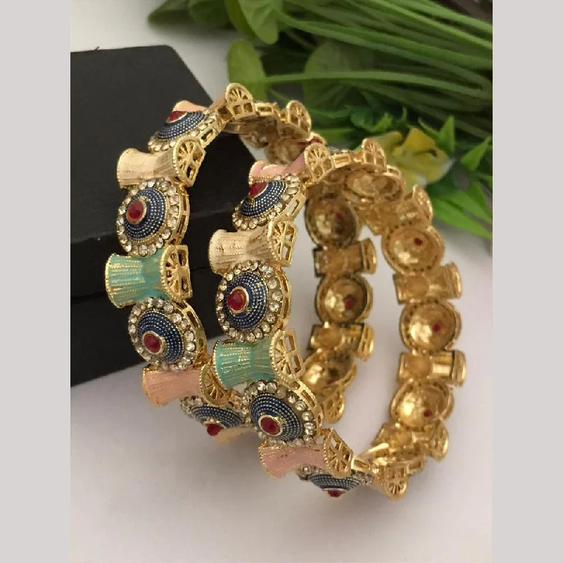 women’s halo engagement rings with diamonds-women’s luxury bangle-FS Collections Gold Plated Pota Stone And Austrian Stone Meenakari Bangles Set