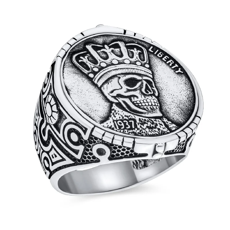 women’s emerald cut ring-Statement Eagle Head Liberty Coin Mens Silver Ring Punk Biker Jewelry Gothic Skull