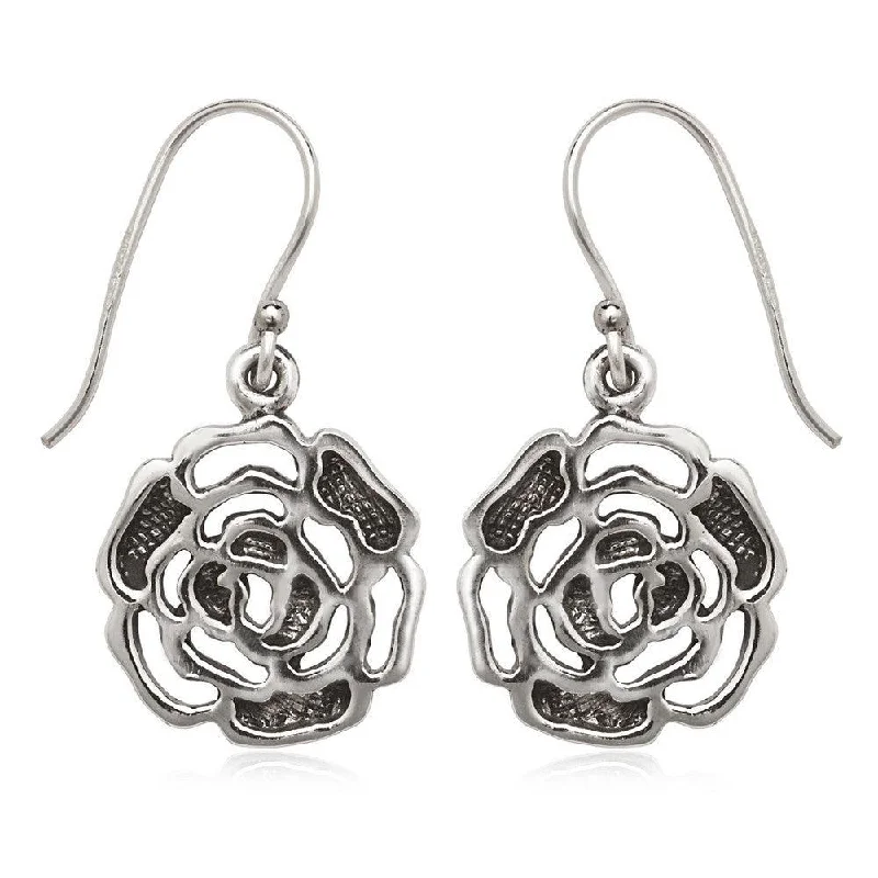 women’s statement earrings-Sterling Silver Oxidized Open Rose Earrings