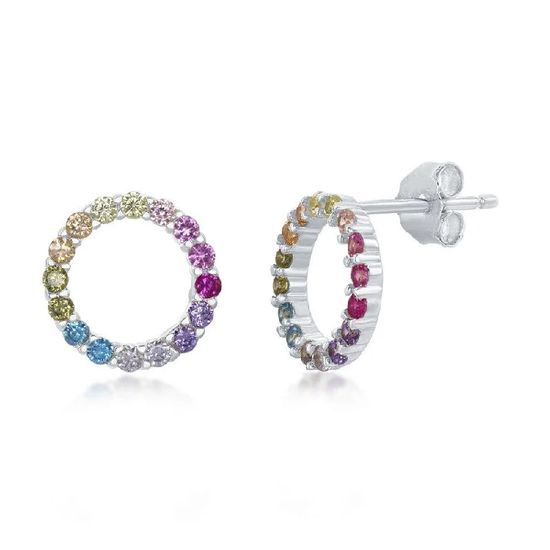 women’s statement earrings-Sterling Silver Rainbow CZ Circle Stud Earrings