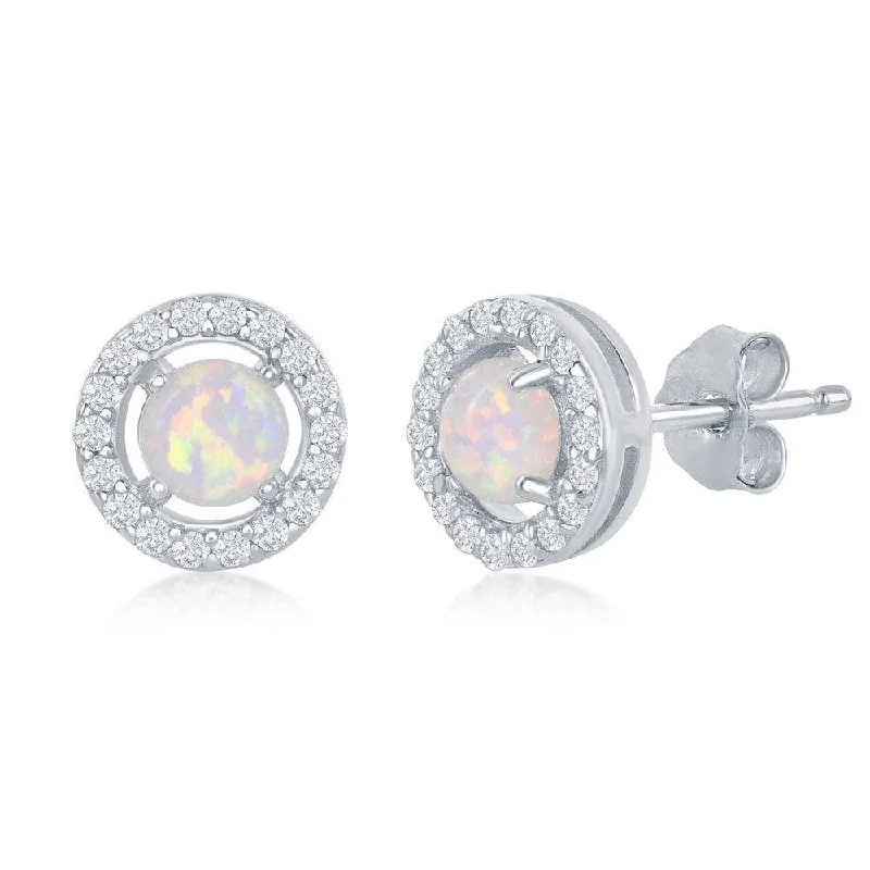 women’s drop earrings-Sterling Silver Four Prong Halo Round Stud Earrings