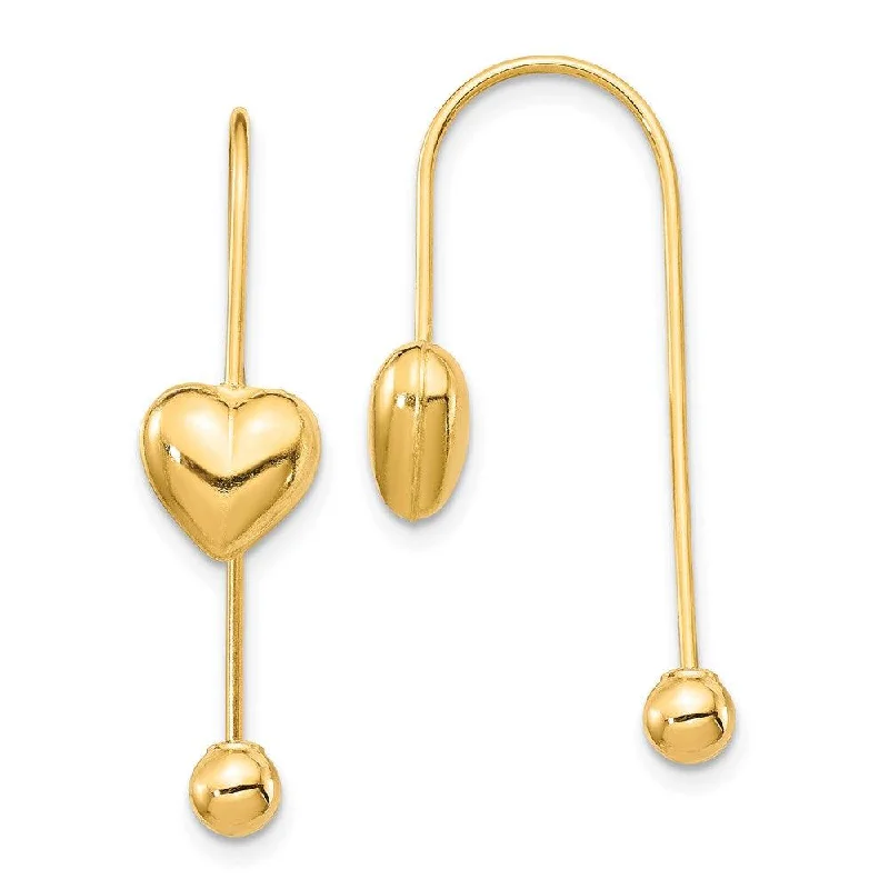 women’s gold teardrop earrings-14K Puffed Heart w/Screw End Threader Earrings