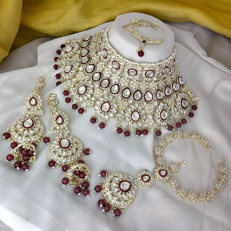 women’s trendy necklace-Gehana Mahal Gold Plated Kundan Stone And Meenakari Semi Bridal Necklace Set