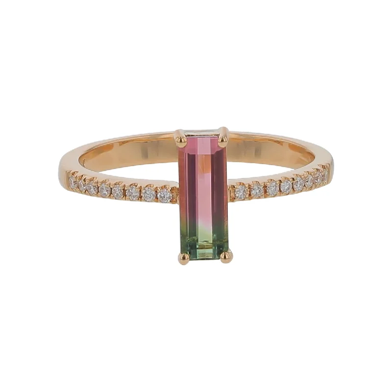 0.74Ct Bi-Color Tourmaline and 0.09Ct Diamond Ring in 14k Yellow Gold, Size 7