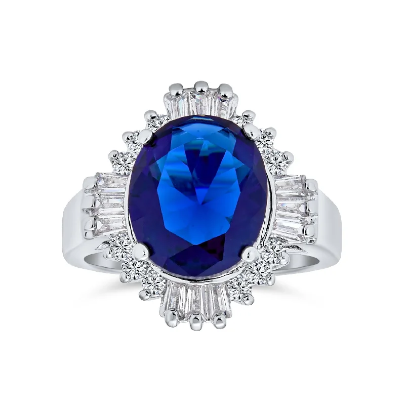 women’s bridal ring set-Art Deco Royal Blue Cocktail Statement Ring with CZ Simulated Sapphire