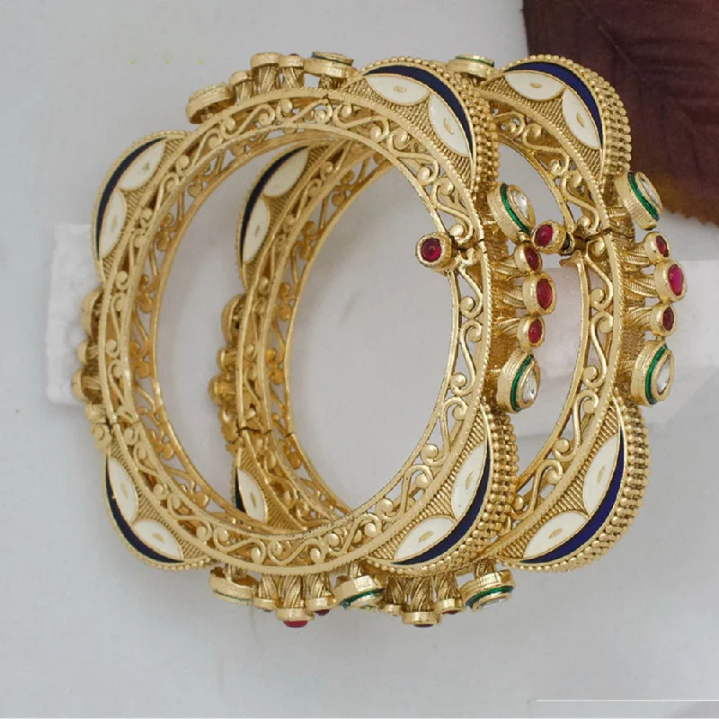 women’s oval engagement rings-women’s colorful bracelet-Pooja Bangles Gold Plated Pota Stone Openable Bangle Set