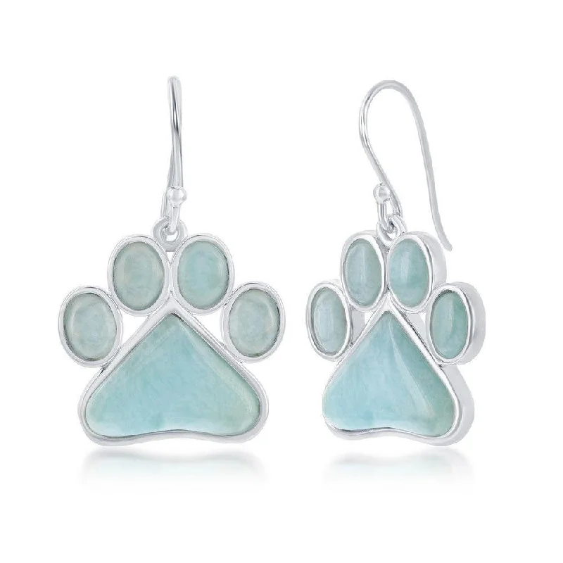 women’s sapphire drop earrings-Sterling Silver Blue Larimar Paw Print Earrings