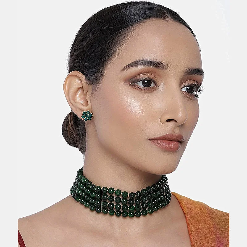 women’s boho necklace-Etnico 18k Gold Plated Traditional Green Pearl Beaded Stylish Moti Choker Necklace Jewellery Set with Stud Earrings for women (ML286G)