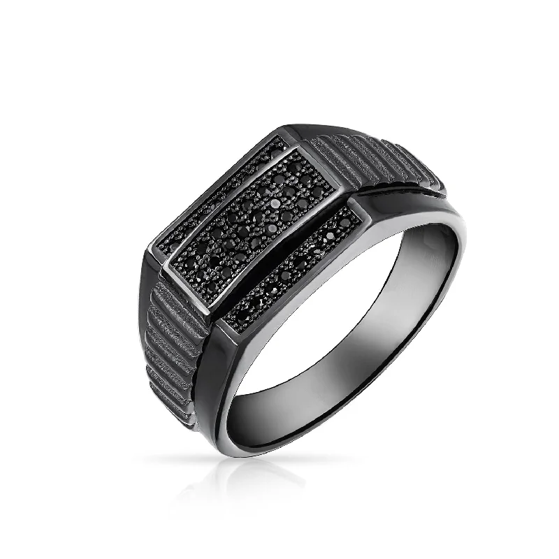 women’s ruby ring-Mens Stainless Steel Geometric Black CZ Rectangle Ring .925 Sterling Silver Signet