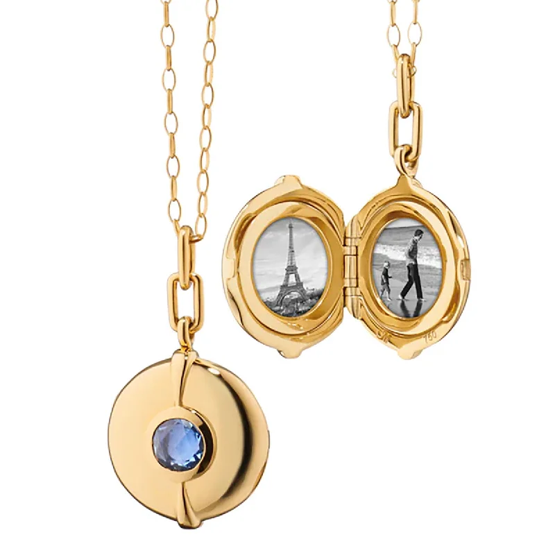 women’s name necklace-Round Blue Sapphire Gold Locket Necklace