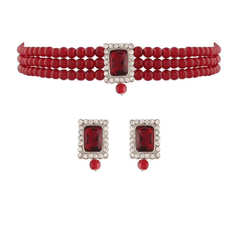 women’s pearl drop necklace-Etnico 18K Rhodium Plated Stone Studded Pearl Choker Necklace Jewellery Set With Earrings For Women (ML237Z) (Silver + Maroon)