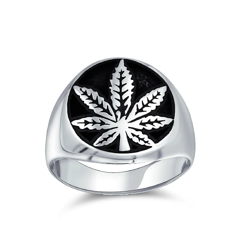 women’s gemstone ring-Mens Silver Ring with Cannabis Leaf Medallion Oxidized Sterling Silver Handmade